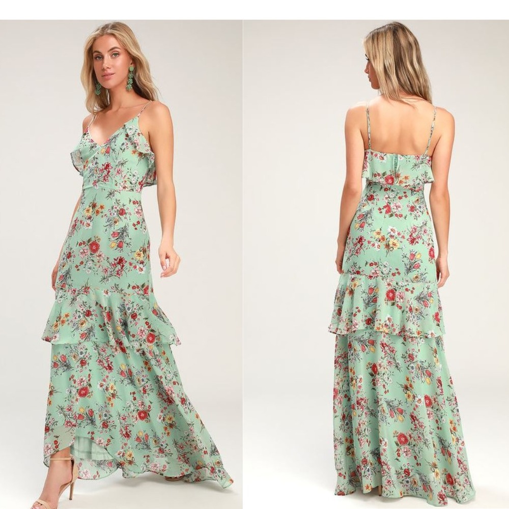 Lulu's Green Tiered Ruffled Maxi Dress for Wedding Guest
